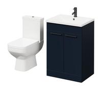 Wholesale Domestic Turin Floor Standing Vanity Unit and Toilet Suite with 1 Tap Hole Basin and 2 Doors with Matt Black Handles | Deep Blue | ABS Polished Chrome | 600mm