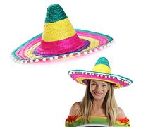 Wholesale Mexican Sombreros - Pack of 1 - Multicoloured Sombrero with White Pom Pom Edging - Mexico Cinco de Mayo Mariachi Fiesta Fancy Dress Costume Accessory