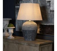 Wholesome Home Grey Stone Base Table Lamp With Tribal Carved Pattern And Linen Shade