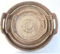 Wholesome Home Round Rattan Serving Trays With Handles, White Wash, Woven Boho Coffee Table Display - 3 Sizes (Set Of 3 Trays)