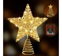 WHOLEV Christmas Tree Topper Star, 25CM Gold Wire Glitter Tree Toppers with TIMER, Battery or USB Powered, 20 LED Lights Gold Ornaments Topper, Christmas Treetop for Christmas Tree New Year Decoration