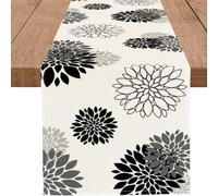 WHOMEAF Black Gray Table Runner Dahlia Pinnata Flower Beige Table Runners Modern Elegant Pompon Farmhouse Geometric Coffee Table Center Decor for Home Kitchen Dining Party 13 x 36 Inch