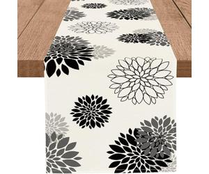 WHOMEAF Black Gray Table Runner Dahlia Pinnata Flower Beige Table Runners Modern Elegant Pompon Farmhouse Geometric Coffee Table Center Decor for Home Kitchen Dining Party 13 x 36 Inch