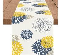 WHOMEAF Blue Yellow Gray Table Runner Dahlia Pinnata Flower Beige Table Runners Modern Elegant Pompon Farmhouse Geometric Coffee Table Center Decor for Home Kitchen Dining Party 13 x 90 Inch