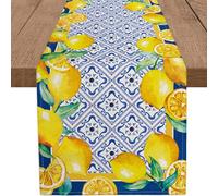 WHOMEAF Capri Blue Lemon Table Runner Summer Italy Tile Burlap Artificial Lemon Fruit Table Runners Farmhouse Coffee Table Center Decor for Home Kitchen Dining Party Patio Indoor Outdoor 13x108 Inch