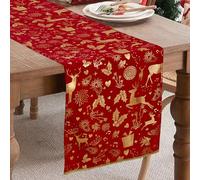 WHOMEAF Lavish Christmas Red Gold Velvet Table Runner Winter Richness Seasonal Bronzing Deer Table Runners Xmas Gold Objects Table Center Decor for Kitchen Dining Home Party Happy New Year 13x90 in