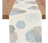 WHOMEAF Light Blue Grey Table Runner Wild Dahlia Pinnata Flower Table Runners Modern Elegant Pompon Farmhouse Geometric Table Center Decor for Home Dining Party Entrance Patio (13x108 Inch)