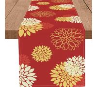 WHOMEAF Red Yellow Table Runner Merry Christmas New Year Dahlia Pinnata Flower Beige Table Runners Modern Elegant Farmhouse Coffee Table Center Decor for Home Kitchen Dining Party 13 x 36 Inch