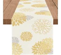 WHOMEAF Yellow Gray Table Runner Dahlia Pinnata Flower Beige Table Runners Modern Elegant Pompon Farmhouse Geometric Table Center Decor for Home Dining Party Entrance (13x72 Inch)