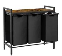 Whoonba Large Laundry Hamper Sorter with 3 Removable & Pull-Out Sorting Bags, Wooden Top Shelf, Versatile Laundry Basket Organizer for Laundry Room, Bathroom, Dorm, 8 * 3 Gal, Black