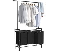 Whoonba Large Laundry Hamper with Clothes Rack Hanging Bar, 10 x 3 Gal Pull-Out & Removable Sorter Bags, Freestanding Laundry Basket Organizer for Bathroom, Bedroom and Laundry Room, Black