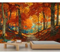 WHOROB Autumn Forest Path Murals Red Trees Maple Leaves Mountain Road Deciduous Landscape Wallpaper for Walls Golden Pathway Scenic Wallpaper Fall Natural Scenery Wall Paper