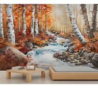 WHOROB Fall Murals Autumn Birch Tree Stream Wallpaper for Girls Nature Landscape Wallpaper Rustic Watercolor Birch Forest Wall Paper