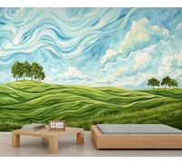 WHOROB Spring Green Hills Meadow Murals Green Grass Lawn Trees Wallpaper for Girls Blue Sky White Clouds Wallpaper Outdoor Nature Scenery Wall Paper