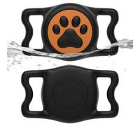WhoseID IP68 Waterpoof Dog Air tag Holder, Stretchy Silicone Full Body Covered Apple Air Tag Holder for Dog Cat Collar Fit All Width Collar (Black & Orange, 1 Pack)