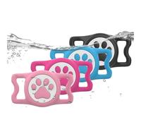 WhoseID IP68 Waterpoof Dog tag Holder, Stretchy Silicone Full Body Covered Apple Tag Holder for Dog Cat Collar Fit All Width Collar (Black/Blue/Pink/Rose, 4 Pack)