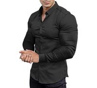 whox Men's Muscle Fit Dress Shirts Long Sleeve Button Down Work Collared Slim Fit Stretch Wrinkle Shirt, Black, Medium