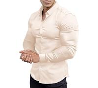 whox Men's Muscle Fit Dress Shirts Long Sleeve Button Down Work Collared Slim Fit Stretch Wrinkle Shirt, Beige, XL