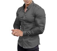 whox Men's Muscle Fit Dress Shirts Long Sleeve Button Down Work Collared Slim Fit Stretch Wrinkle Shirt, Dark Grey, S
