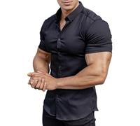 WHOX Men's Muscle Fit Dress Shirts Short Sleeve Button Down Slim Fit Stretch Wrinkle Summer Shirt for Men, Black, Medium