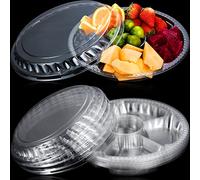 WHQXFDZ 12 Pack Round Plastic Veggie Tray with Lid, 6 Divided Compartment Container, Food Serving Dip Platter, Reusable Catering Trays for Veggie Fruit Snack Party and Buffet Trays (Clear, 12inch)