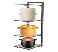 whsiodj 4 Tier Pot Stand Rack Carbon Steel Space Saving Kitchen Organiser 44lbs Capacity Adjustable Height Removable Tiers for Pots Pans Baking Sheets Worktop Cabinet Freestanding Drainage (Gray)