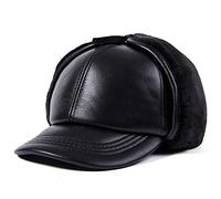 WHSPORT Winter Leather Baseball Cap Faux Fur Earflap Trapper Hunting Hat Military Army Cap with Ear Flaps Warmer Quilted Thick Lined Unisex (Color : Black, Size : 59-60)
