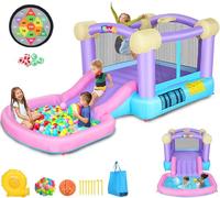 Whubefy Inflatable Pink Bounce House for Kids 2-8 with Slide, Ball Pit & 50 Ocean Balls, 161x82x63'' Jumping Castle w/Blower, Basketball Hoop, Dartboard, Stakes, Storage Bag for Indoor Outdoor Party