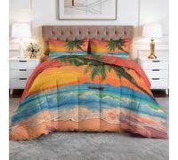 WHUOEUCO 3-Piece Coverless Duvet King 230x220 cm with 2 Pillowcases, Reversible Beach Coconut Trees Sunset Comforter Set, Washable Lightweight Quilted Bedding for All Seasons