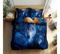 WHUOEUCO 3D Duvet Cover Set Super King 220x260 cm Blue Rose and Wolf 3 Piece Bedding Set Polycotton Printed Design Quilt Cover with 2 Pillowcases, for Kids and Adult Room Decor