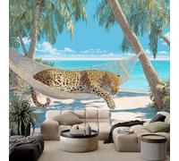 WHUOEUCO 3D Panoramic Photo Wallpaper Beach Palm Trees Cheetah 500x280 cm Non Woven Wall Covering Large Wall Mural for Living Room Bedroom Teen Playroom Home Wall Art Decor