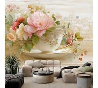 WHUOEUCO 3D Photo Wallpaper Flowers Coffee Cup 400x280 cm Wall Mural Non-Woven Panoramic Poster Home Decoration Wallpaper Murals for Living Room, Bedroom, Kids Room, Office