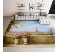 WHUOEUCO 3D Print Area Rug Roses Eiffel Tower 80x150cm Modern Washable Rugs, Soft Fluffy Faux Wool Carpet, Anti-Slip Durable Mat, for Living Room Bedroom Home Office Decor