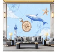 WHUOEUCO 3D Wallpaper Mural Whale Lighthouse Compass 300x210 cm Modern Art Wall Murals Photo Wallpaper, for Living Room Bedroom Children's Room Home Decoration, Easy to Install