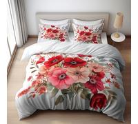 WHUOEUCO Bedding Set Cot-bed 120x150 cm Retro Red Flowers 3 Piece Duvet Cover Sets, Ultra Soft Poly-Cotton Quilt Cover & Pillowcases with Zipper Closure, for Kids Teens And Adults