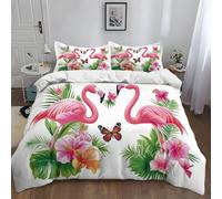 WHUOEUCO Bedding Set Cot-bed 120x150 cm Tropical Flowers Pink Flamingo 3 Piece Duvet Cover Sets, Ultra Soft Poly-Cotton Quilt Cover & Pillowcases with Zipper Closure, for Kids Teens And Adults
