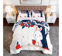 WHUOEUCO Cartoon Rabbit Apple Tree Coverless Duvet 260x220 cm, Super King Duvet Set 7.5 Tog with 2 Pillowcases, Washable Reversible Soft Lightweight Warm All Season Comforter Set