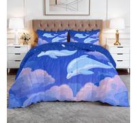 WHUOEUCO Coverless Duvet 7.5 Tog Double 200x200 cm Blue Dolphins Clouds, Reversible 3-Piece Comforter Set, Soft Breathable Lightweight Quilted Bedding for All Seasons