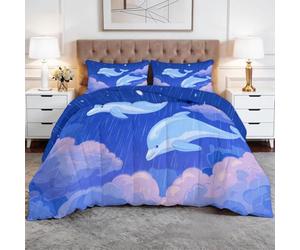 WHUOEUCO Coverless Duvet 7.5 Tog Double 200x200 cm Blue Dolphins Clouds, Reversible 3-Piece Comforter Set, Soft Breathable Lightweight Quilted Bedding for All Seasons