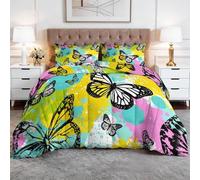 WHUOEUCO Coverless Duvet 7.5 Tog Double 200x200 cm Colorful Graffiti Butterflies, Reversible 3-Piece Comforter Set, Soft Breathable Lightweight Quilted Bedding for All Seasons