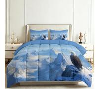WHUOEUCO Coverless Duvet Single 135x200 cm Blue Snow-Capped Mountains Eagles, Reversible Bed Quilt 7.5 Tog for All Seasons, Kids Bedding Comforter Set with 2 Pillowcases 50x75 cm