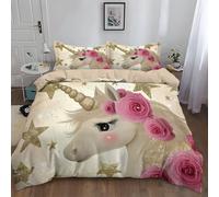 WHUOEUCO Duvet Cover Set Super King 220x260 cm Unicorn Rose Bedding Sets 3Pcs with Pillowcases, Ultra Soft Polycotton Quilt Cover with Zipper Closure, for Kids Teens Adults