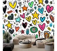 WHUOEUCO Large Panoramic Wallpaper Colorful Heart and Star Graffiti 200x140 cm 3D Wall Mural, Photo Non Woven Wall Covering for Living Room Bedroom Office Interior Background Decor