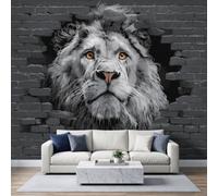 WHUOEUCO Photo Wallpaper Mural Animal Male Lion Non-Woven Wallpaper | Black Brick Wall Poster Murals 250x175 cm Modern Wall Art for Living Room, Bedroom, Home Office Decor