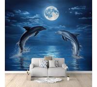 WHUOEUCO Photo Wallpaper Murals Blue Moon Dolphin 400x280 cm 3D Panoramic Wallpaper, Modern Non-Woven Wall Mural, for Bedroom Living Room TV Backdrop Interior Decor