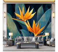 WHUOEUCO Wall Murals Wallpaper Plants Leaves Orange Flowers 350x256 cm Modern 3D Photo Wallpaper Waterproof Wall Mural Art Poster, for Living Room Bedroom Kids Room Background Decor