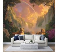 WHUOEUCO Wallpaper Fantasy Jungle Tiger 3D Wall Mural | Flowers Rainbow Waterfall Non-Woven Photo Wallpaper 500x280 cm, Living Room Bedroom Kids Room Wall Covering Art Poster