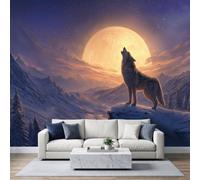 WHUOEUCO Wallpaper Murals Fantasy Animal Wolf 3D Photo Wallpaper | Moon Snow Mountain Forest Non-Woven Wall Mural Poster 200x140 cm, for Living Room Bedroom Home Office Wall Art Decoration