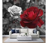 WHUOEUCO Wallpaper Murals Romantic Roses 3D Photo Wallpaper | Dusty Rose Grey Red Flowers Non-Woven Wall Mural Poster 300x210 cm, for Living Room Bedroom Home Office Wall Art Decoration