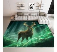 WHUOEUCO Washable Rugs for Living Room Green Deer In The Woods 80x150cm 3D Print Area Rug with Non-Slip Backing, Soft Short Pile Floor Carpet for Bedroom, Kitchen, Kids Room